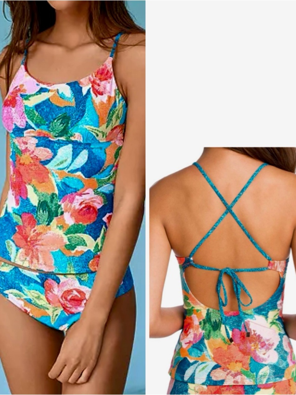 VERA BRADLEY Abby Reversible Blue & Green Tankini Bikini Top Criss-Cross Straps